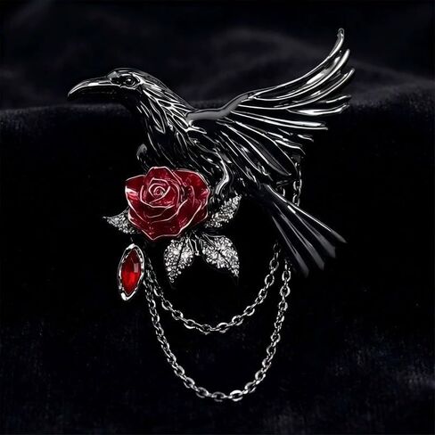 Gothic Raven Red Rose Brooch Punk Black Enamel Crow Pin with Chain Dark Fantasy Lapel Pin for Jackets Coats Scarves Backpack Decorative Accessories in Kuwait