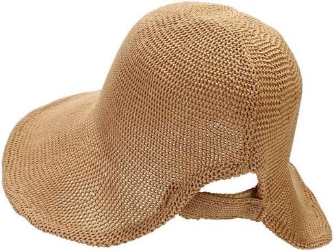 Women's French Crochet Sun Hat Floppy-Brim Straw-Bonnet-Cap Ponytail-Beach-Hats Hook-Loop-Fastener in Kuwait