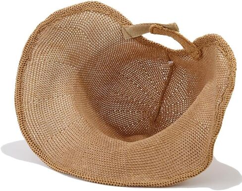 Women's French Crochet Sun Hat Floppy-Brim Straw-Bonnet-Cap Ponytail-Beach-Hats Hook-Loop-Fastener in Kuwait