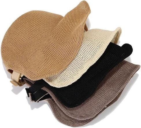 Women's French Crochet Sun Hat Floppy-Brim Straw-Bonnet-Cap Ponytail-Beach-Hats Hook-Loop-Fastener in Kuwait