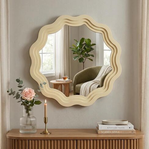 Solid Wood Bathroom Mirror, 28 Inch Boho Round Scalloped Wall Mirror, Decorative Wall Mirrors for Wall Decor, Wood Frame Mirror for Bathroom, Living Room, Bedroom in Saudi Arabia