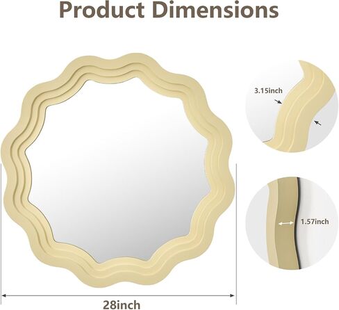 Solid Wood Bathroom Mirror, 28 Inch Boho Round Scalloped Wall Mirror, Decorative Wall Mirrors for Wall Decor, Wood Frame Mirror for Bathroom, Living Room, Bedroom in Saudi Arabia
