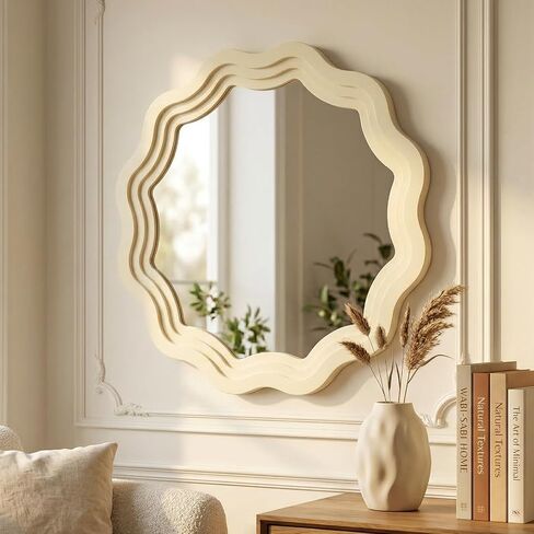 Solid Wood Bathroom Mirror, 28 Inch Boho Round Scalloped Wall Mirror, Decorative Wall Mirrors for Wall Decor, Wood Frame Mirror for Bathroom, Living Room, Bedroom in Saudi Arabia