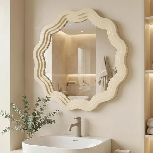 Solid Wood Bathroom Mirror, 28 Inch Boho Round Scalloped Wall Mirror, Decorative Wall Mirrors for Wall Decor, Wood Frame Mirror for Bathroom, Living Room, Bedroom in Saudi Arabia