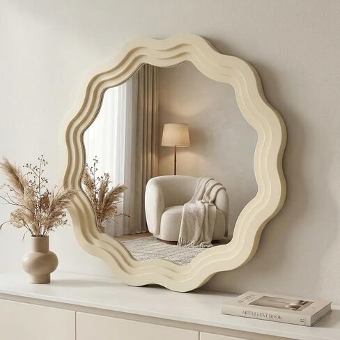 Solid Wood Bathroom Mirror, 28 Inch Boho Round Scalloped Wall Mirror, Decorative Wall Mirrors for Wall Decor, Wood Frame Mirror for Bathroom, Living Room, Bedroom in Saudi Arabia
