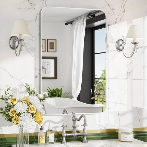 16x24 Inch Brushed Nickel Rounded Rectangle Vanity Mirror with HD Reflection, Shatter-Resistant Tempered Glass Bathroom Mirror for Over Sink, Aluminum Frame, Horizontal or Vertical in Saudi Arabia