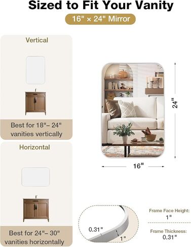 16x24 Inch Brushed Nickel Rounded Rectangle Vanity Mirror with HD Reflection, Shatter-Resistant Tempered Glass Bathroom Mirror for Over Sink, Aluminum Frame, Horizontal or Vertical in Saudi Arabia