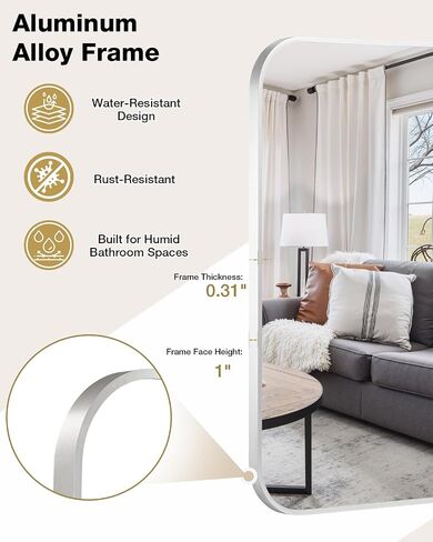 16x24 Inch Brushed Nickel Rounded Rectangle Vanity Mirror with HD Reflection, Shatter-Resistant Tempered Glass Bathroom Mirror for Over Sink, Aluminum Frame, Horizontal or Vertical in Saudi Arabia