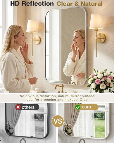 16x24 Inch Brushed Nickel Rounded Rectangle Vanity Mirror with HD Reflection, Shatter-Resistant Tempered Glass Bathroom Mirror for Over Sink, Aluminum Frame, Horizontal or Vertical in Saudi Arabia