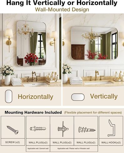 16x24 Inch Brushed Nickel Rounded Rectangle Vanity Mirror with HD Reflection, Shatter-Resistant Tempered Glass Bathroom Mirror for Over Sink, Aluminum Frame, Horizontal or Vertical in Saudi Arabia
