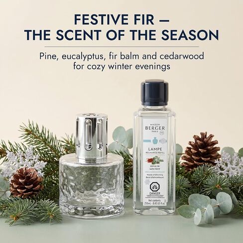 Maison Berger Mirage Lampe Berger Starter Set, Clear, Festive Fir | Decorative Catalytic Lamp, Air Pur System, Includes 250ml Festive Fir Refill, Woody Pine Scent, Flameless, Made in France in Kuwait