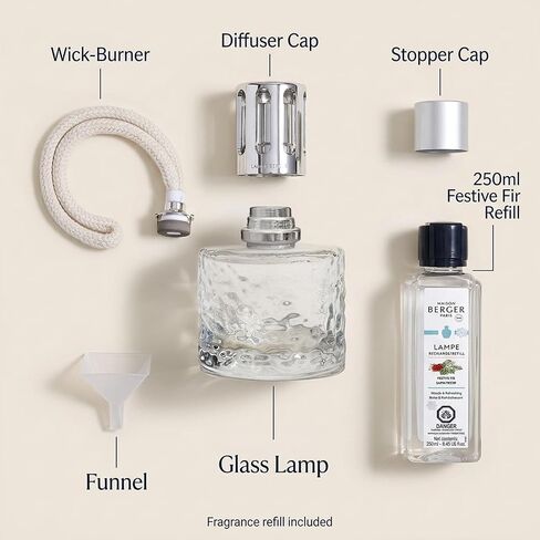 Maison Berger Mirage Lampe Berger Starter Set, Clear, Festive Fir | Decorative Catalytic Lamp, Air Pur System, Includes 250ml Festive Fir Refill, Woody Pine Scent, Flameless, Made in France in Kuwait