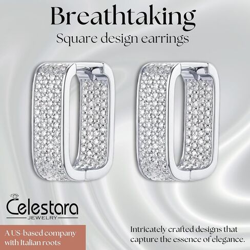 Moissanite Gemstone Hoop Earrings - Celestara Jewelry 925 Sterling Silver Huggie Hoops - 232 D-Color Sparkling Stones - European Square Geometric Design - Hypoallergenic Jewelry Gift Box for Women in Kuwait