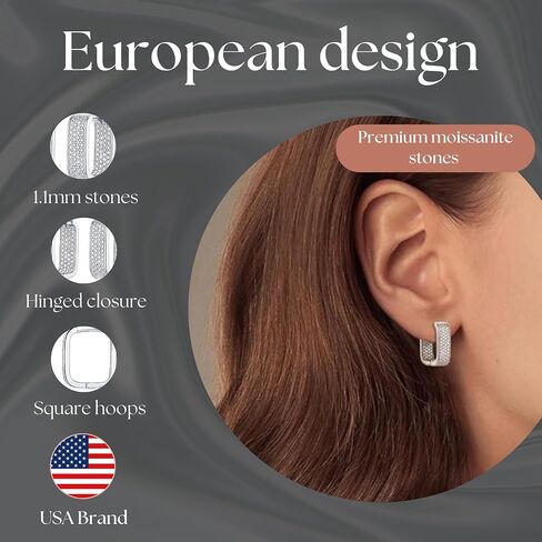 Moissanite Gemstone Hoop Earrings - Celestara Jewelry 925 Sterling Silver Huggie Hoops - 232 D-Color Sparkling Stones - European Square Geometric Design - Hypoallergenic Jewelry Gift Box for Women in Kuwait