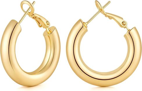 Gold Hoop Earrings for Women 14K Gold Earrings for Women Chunky Gold Hoop Earrings Hoops Cute Compact and Adorable Thick Hoops Earring for Womens Earring 25mm in Kuwait