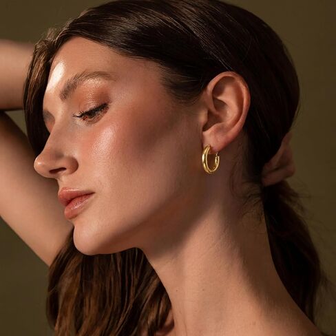 Gold Hoop Earrings for Women 14K Gold Earrings for Women Chunky Gold Hoop Earrings Hoops Cute Compact and Adorable Thick Hoops Earring for Womens Earring 25mm in Kuwait