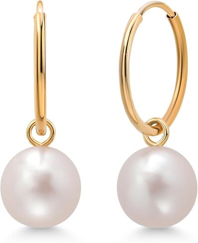 Gem Stone King 14K Yellow Gold White 7MM Round Shape Cultured Freshwater Pearl Endless Hoop Earrings For Women, Diameter = 12MM in Saudi Arabia