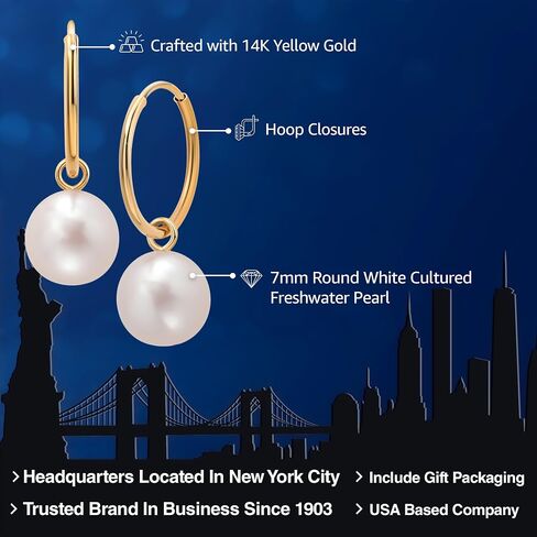 Gem Stone King 14K Yellow Gold White 7MM Round Shape Cultured Freshwater Pearl Endless Hoop Earrings For Women, Diameter = 12MM in Saudi Arabia