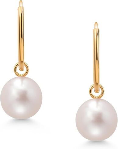 Gem Stone King 14K Yellow Gold White 7MM Round Shape Cultured Freshwater Pearl Endless Hoop Earrings For Women, Diameter = 12MM in Saudi Arabia