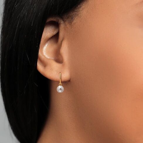 Gem Stone King 14K Yellow Gold White 7MM Round Shape Cultured Freshwater Pearl Endless Hoop Earrings For Women, Diameter = 12MM in Saudi Arabia