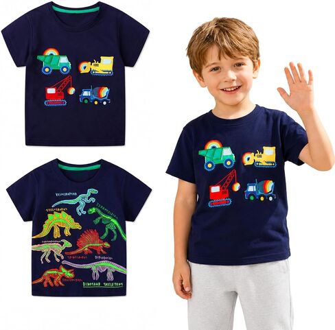 تي شيرت EmaoFun للأطفال الصغار والأولاد الصغار يتوهج في الظلام، عبوة من قطعتين - قمصان صيفية قطنية للأطفال من عمر 3 إلى 7 سنوات in Kuwait