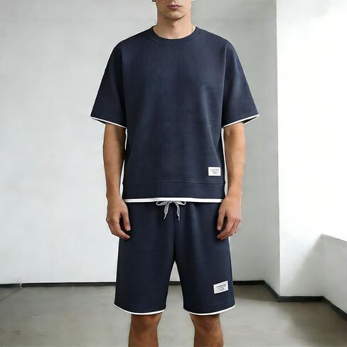 Men's 2 Piece Waffle Knit Lounge Set - Short Sleeve Top and Drawstring Shorts for Casual, Sleep, and Loungewear in Kuwait