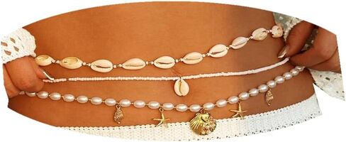 TEBIEKOY Waist Chain for Women, 3 Pcs Shell & Pearl Belly Chain, Beach Jewelry for Bikini, Summer Body Chain Adjustable Gold Waist Jewelry in Saudi Arabia