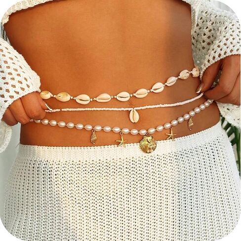 TEBIEKOY Waist Chain for Women, 3 Pcs Shell & Pearl Belly Chain, Beach Jewelry for Bikini, Summer Body Chain Adjustable Gold Waist Jewelry in Saudi Arabia