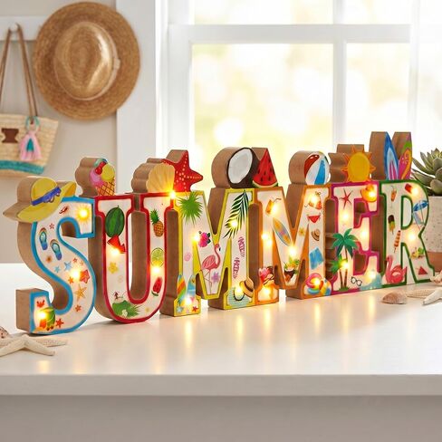 Patelai Summer Table Decoration Wooden Sign with LED Lights Summer Lighted Decor Rustic Farmhouse Table Centerpiece 3D LED Beach Watermelon Tropical Tiered Tray Home Party Decor (Without Batteries) in Kuwait