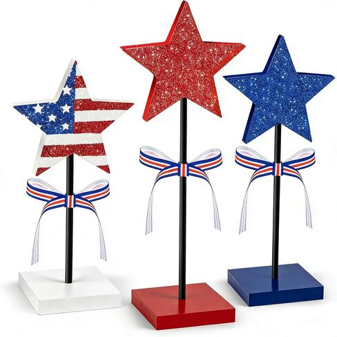 3 PCS Wooden Star Table Decor, Red White Blue Decorations Patriotic Decor for 4th of July, Memorial Day & Veterans Day, Tiered Tray Centerpieces in Kuwait