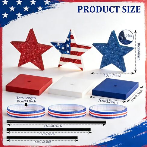 3 PCS Wooden Star Table Decor, Red White Blue Decorations Patriotic Decor for 4th of July, Memorial Day & Veterans Day, Tiered Tray Centerpieces in Kuwait