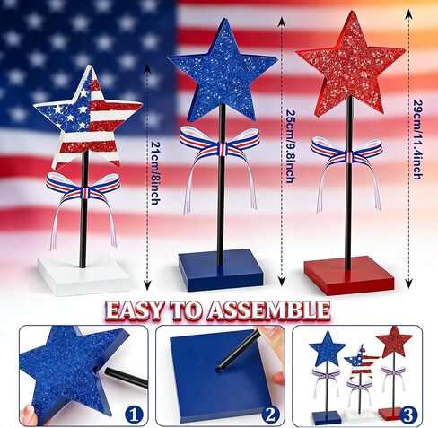 3 PCS Wooden Star Table Decor, Red White Blue Decorations Patriotic Decor for 4th of July, Memorial Day & Veterans Day, Tiered Tray Centerpieces in Kuwait
