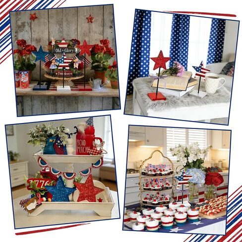 3 PCS Wooden Star Table Decor, Red White Blue Decorations Patriotic Decor for 4th of July, Memorial Day & Veterans Day, Tiered Tray Centerpieces in Kuwait