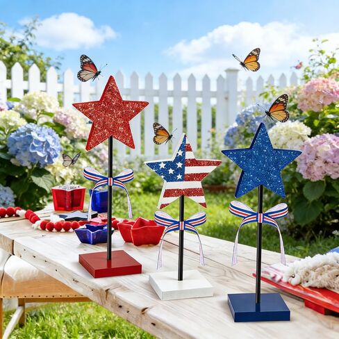 3 PCS Wooden Star Table Decor, Red White Blue Decorations Patriotic Decor for 4th of July, Memorial Day & Veterans Day, Tiered Tray Centerpieces in Kuwait