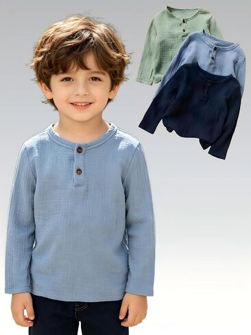 Boys Long Sleeve Henley Shirts 3 Pack 2 Button Placket Cotton Tees Casual Layering Tops in Kuwait