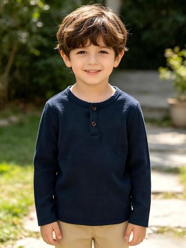 Boys Long Sleeve Henley Shirts 3 Pack 2 Button Placket Cotton Tees Casual Layering Tops in Kuwait