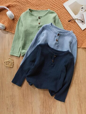 Boys Long Sleeve Henley Shirts 3 Pack 2 Button Placket Cotton Tees Casual Layering Tops in Kuwait