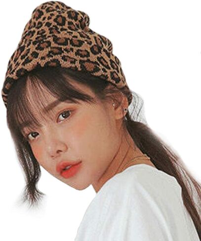 CRIZAN Women Girls Wool Blend Faux Fur Paisley Leopard Print Double Layers Winter Thick Slouchy Cable Knit Skull Hat Ski Cap Brown in Saudi Arabia
