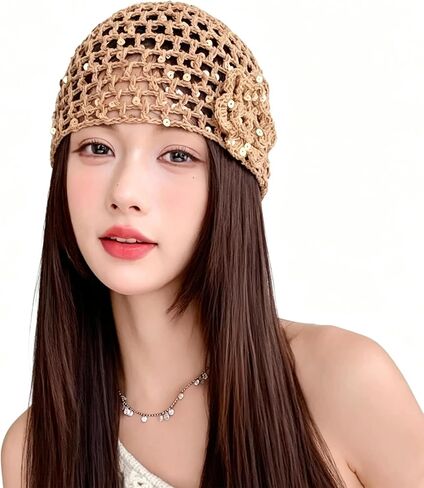 Ralcosuss Women’s Sparkly Sequins Mesh Beanie Hat with Flower Crochet Hollow Out Slouchy Hats Cap in Saudi Arabia