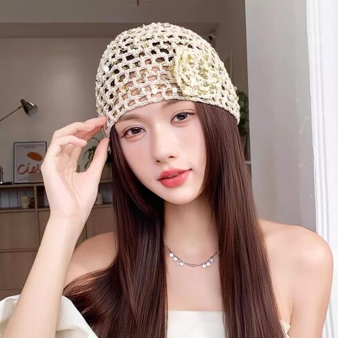 Ralcosuss Women’s Sparkly Sequins Mesh Beanie Hat with Flower Crochet Hollow Out Slouchy Hats Cap in Kuwait