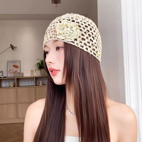 Ralcosuss Women’s Sparkly Sequins Mesh Beanie Hat with Flower Crochet Hollow Out Slouchy Hats Cap in Kuwait