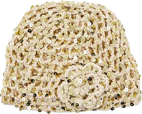 Ralcosuss Women’s Sparkly Sequins Mesh Beanie Hat with Flower Crochet Hollow Out Slouchy Hats Cap in Kuwait