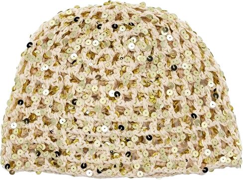 Ralcosuss Women’s Sparkly Sequins Mesh Beanie Hat with Flower Crochet Hollow Out Slouchy Hats Cap in Kuwait