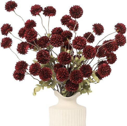 DuHouse 6pcs Artificial Flowers Faux Silk Pompon Mum,Silk Small Mini Chrysanthemum Ball with Stems for DIY Wedding Bouquets Centerpieces Vase Home Table Kitchen Decorations(Burgundy) in Saudi Arabia