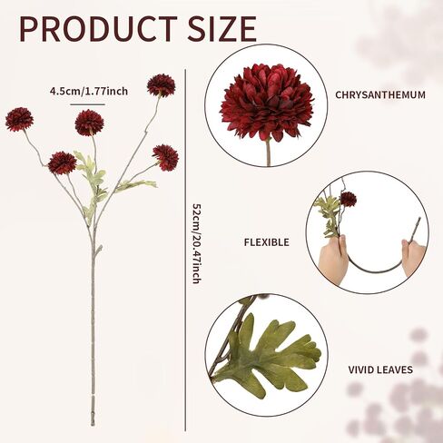 DuHouse 6pcs Artificial Flowers Faux Silk Pompon Mum,Silk Small Mini Chrysanthemum Ball with Stems for DIY Wedding Bouquets Centerpieces Vase Home Table Kitchen Decorations(Burgundy) in Saudi Arabia