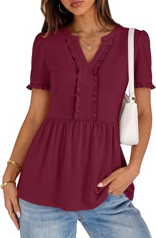 MEROKEETY Women's Summer Peplum Tunic Blouse 2026 Babydoll Tops Ruffle Short Sleeve V Neck Casual Loose T Shirts in Saudi Arabia