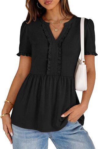 MEROKEETY Women's Summer Peplum Tunic Blouse 2026 Babydoll Tops Ruffle Short Sleeve V Neck Casual Loose T Shirts in Saudi Arabia