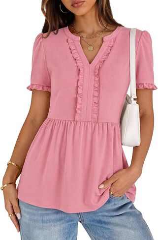 MEROKEETY Women's Summer Peplum Tunic Blouse 2026 Babydoll Tops Ruffle Short Sleeve V Neck Casual Loose T Shirts in Saudi Arabia
