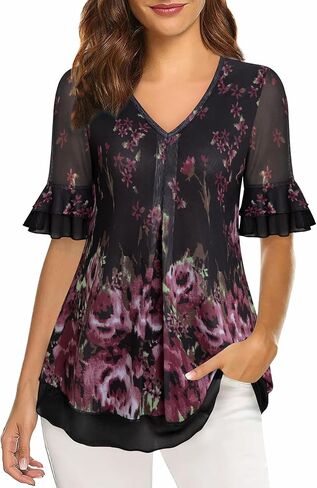 Women's Short Sleeve Tunic Tops Casual Loose Fit Floral Blouses Mesh Pleated Layered Shirt S-XXL in Kuwait