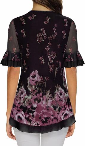 Women's Short Sleeve Tunic Tops Casual Loose Fit Floral Blouses Mesh Pleated Layered Shirt S-XXL in Kuwait